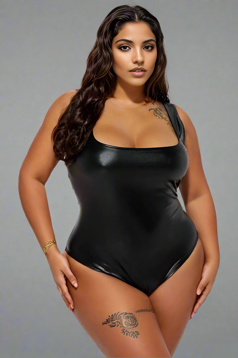 Faux Leather Square Neck Bodysuits