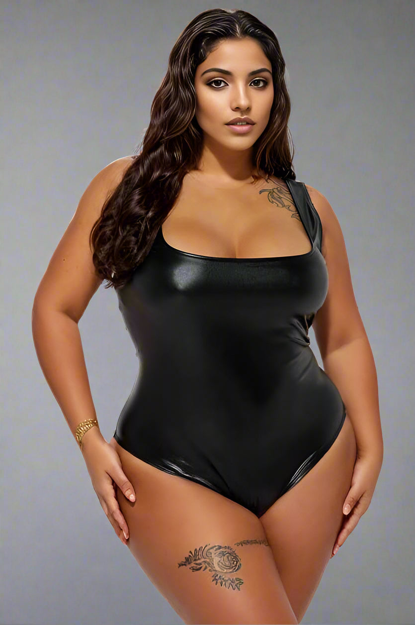 Faux Leather Square Neck Bodysuits