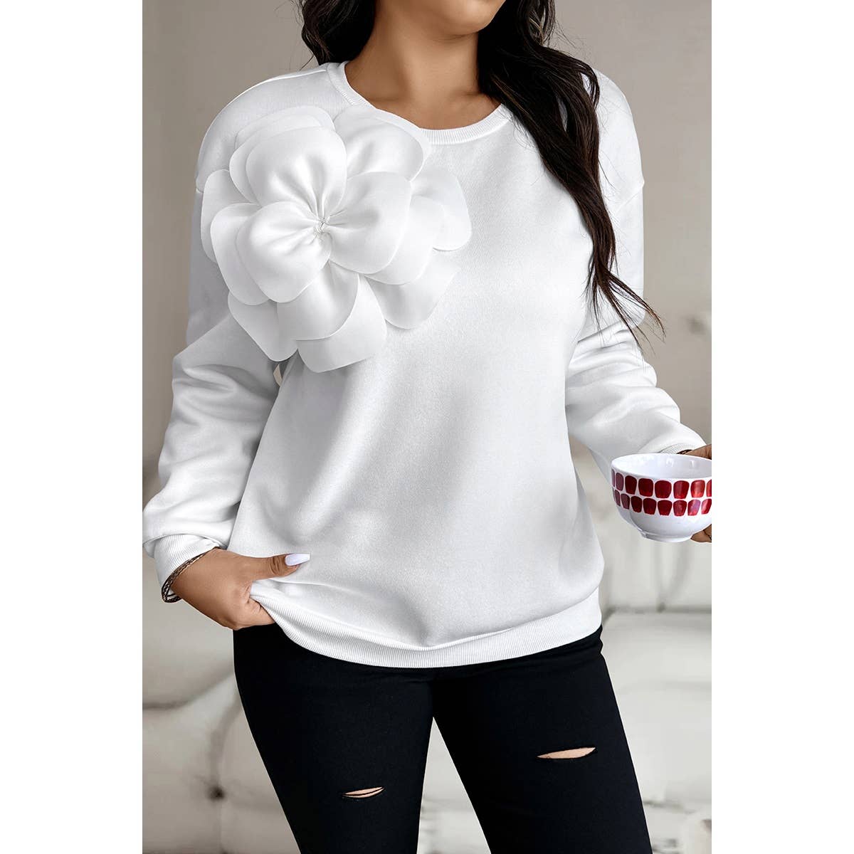 Knit Plus Floral Decoration Crew Neck Sweatshirt