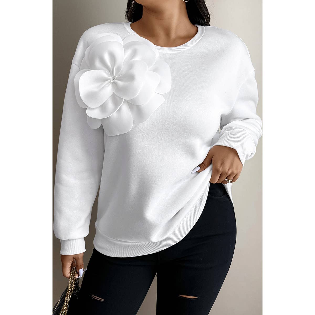 Knit Plus Floral Decoration Crew Neck Sweatshirt