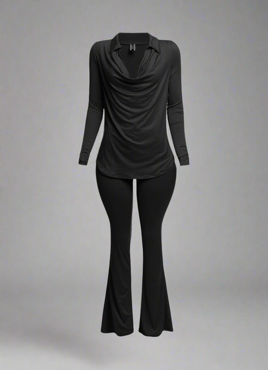 Cowl collar neck top & flare pants set