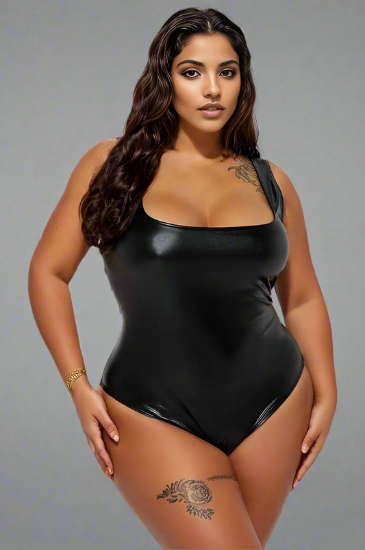 Faux Leather Square Neck Bodysuits