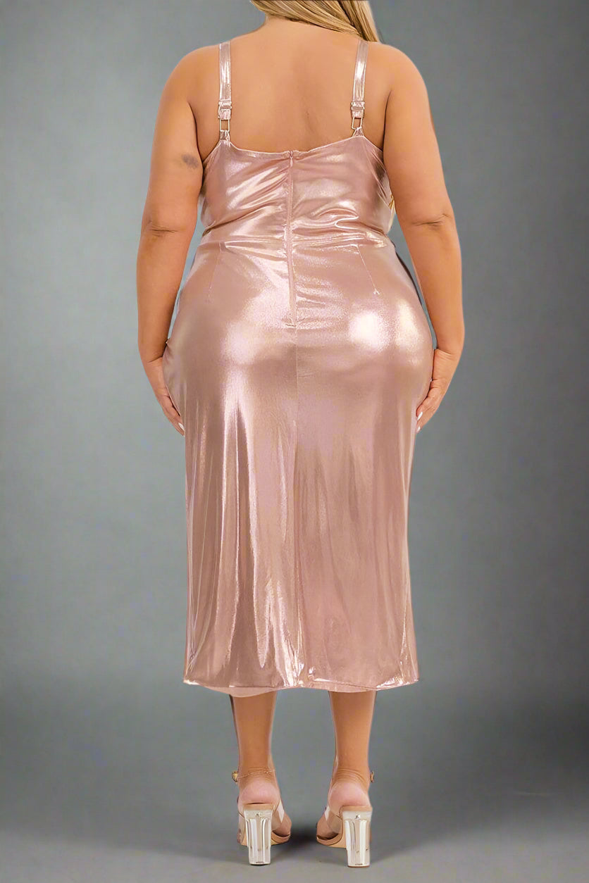BODYCON V-NECK SURPLICE SHIMMER MIDI DRESS